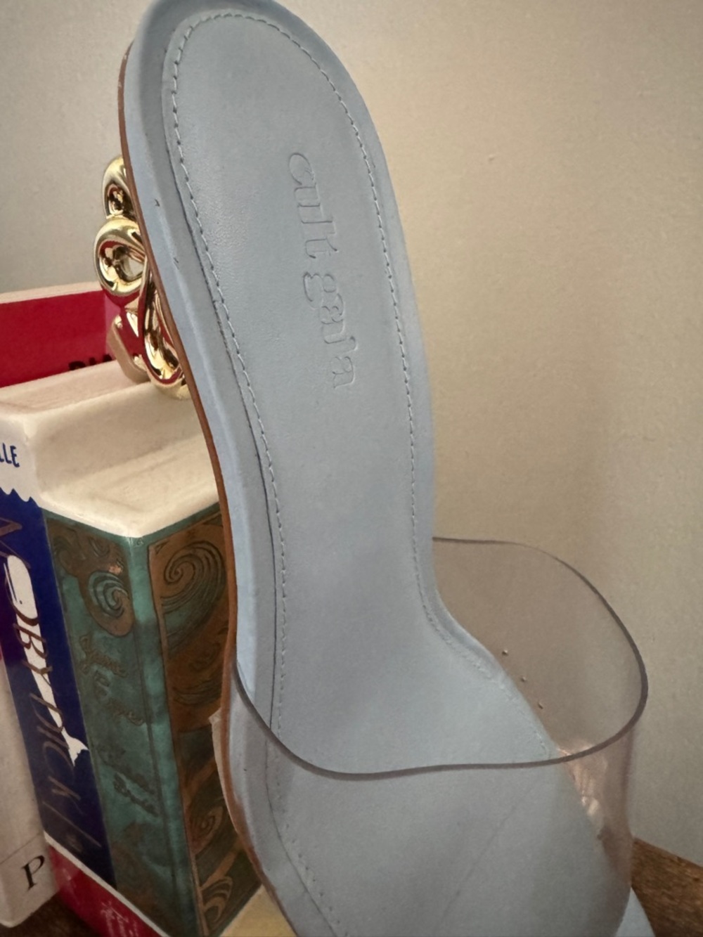 CULT GAIA Clear Strap Light Blue Mule sandal whimsical Gold Heel - never worn - Picture 2 of 3